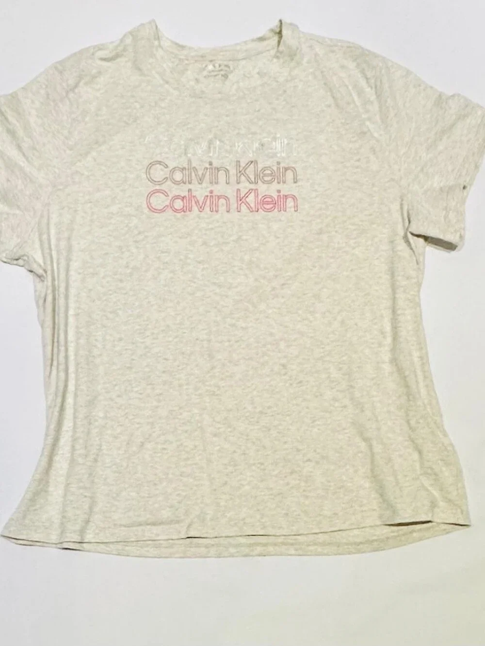 Calvin Klein Logo Tee in Heather Cream with Pink Accent